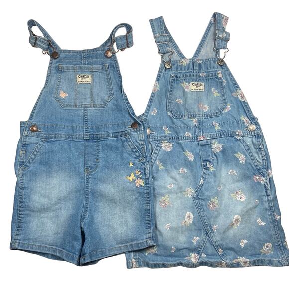 Oshkosh B'Gosh Vestbak Shortalls and Dress Girls Size 5T Lot of 2 Floral Denim - Picture 1 of 6